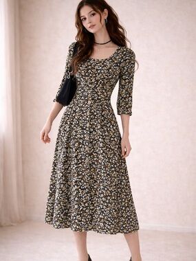 Joseph Ribkoff Vintage 90s Floral Midi Dress Button Front Black Size 10